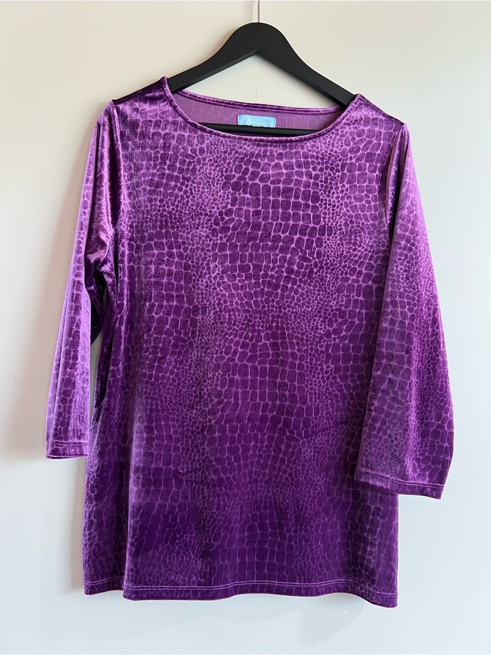 Penmans Purple Velvet Animal Snake Print Tunic Top XL 3/4 Sleeve Stretch